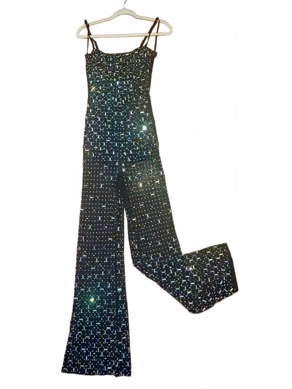 Black Sequin Wide-Leg Jumpsuit with Spaghetti Straps